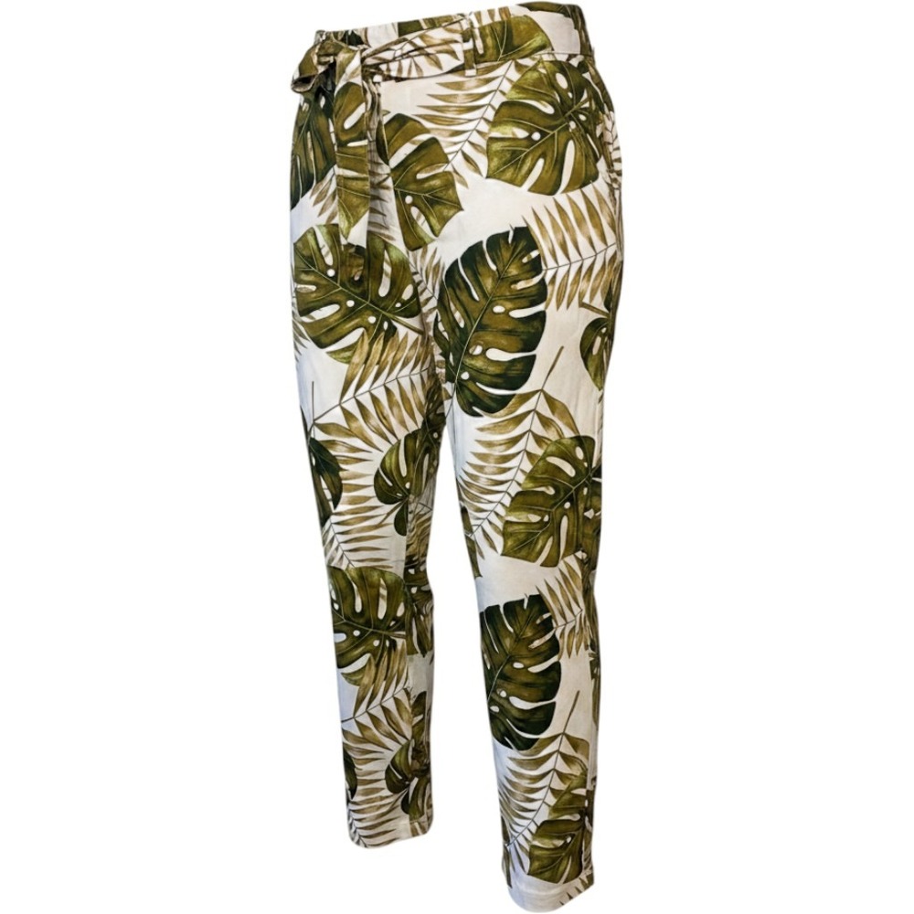 NWT Ashley Stewart Palm Print Pants Sz 18 White Green Tropical Belted Career